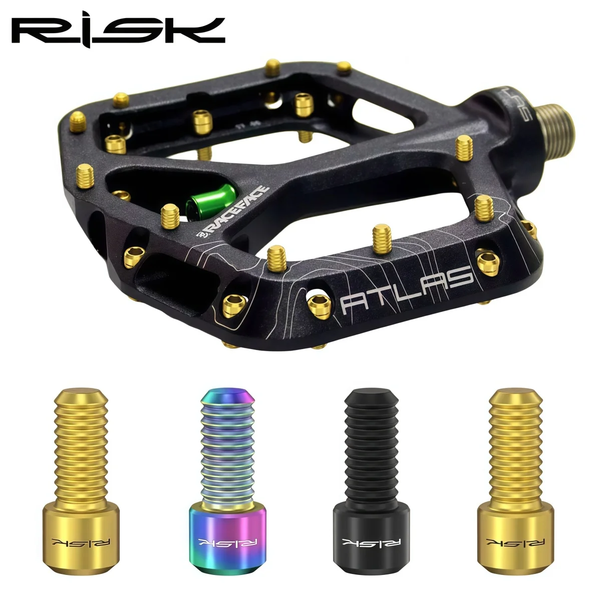 RISK Titanium M4×5 / 8 mm Flat Pedal Pins – DH Enduro AM & XC Bike Pedals Anti-Slip Grip Bolts (Black / Gold / Iridescent)
RISK Titanium M4×5 / 8 mm Flat Pedal Pins – DH Enduro AM & XC Bike Pedals Anti-Slip Grip Bolts (Black / Gold / Iridescent)