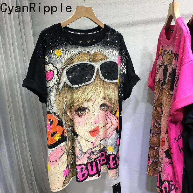 Luxury Cartoon Hot Diamonds Spring Summer Loose Short Sleeve T-shirt Mid-long Oversize Pullover Top All-match Causal Cotton Tees
Luxury Cartoon Hot Diamonds Spring Summer Loose Short Sleeve T-shirt Mid-long Oversize Pullover Top All-match Causal Cotton Tees
