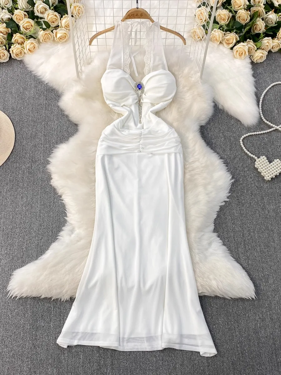 Foamlina Chic White Lace Halter Dress Women's Blue Gemstone Decoration Summer New High Waist Bodycon Long Evening Party Dress
Foamlina Chic White Lace Halter Dress Women's Blue Gemstone Decoration Summer New High Waist Bodycon Long Evening Party Dress