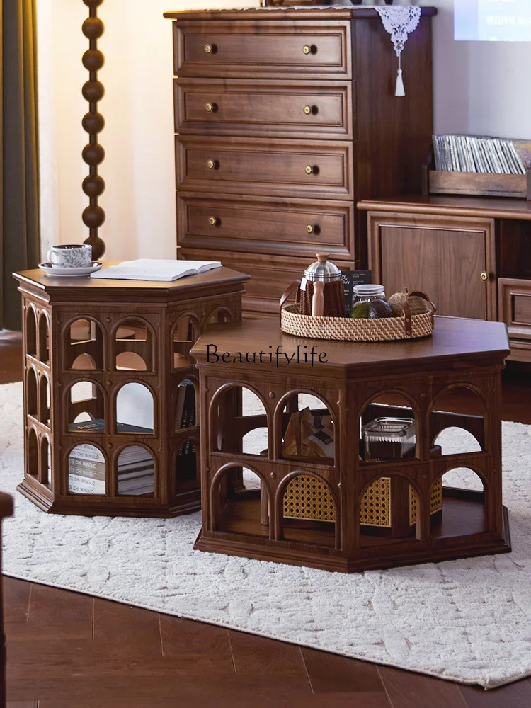 American retro all-solid wood coffee table North American black walnut hollow round arched edge table
American retro all-solid wood coffee table North American black walnut hollow round arched edge table