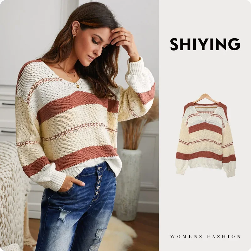 Womens Sweaters Long Sleeve V Neck Striped Color Block Pullover Casual Loose Knitted Tops
Womens Sweaters Long Sleeve V Neck Striped Color Block Pullover Casual Loose Knitted Tops