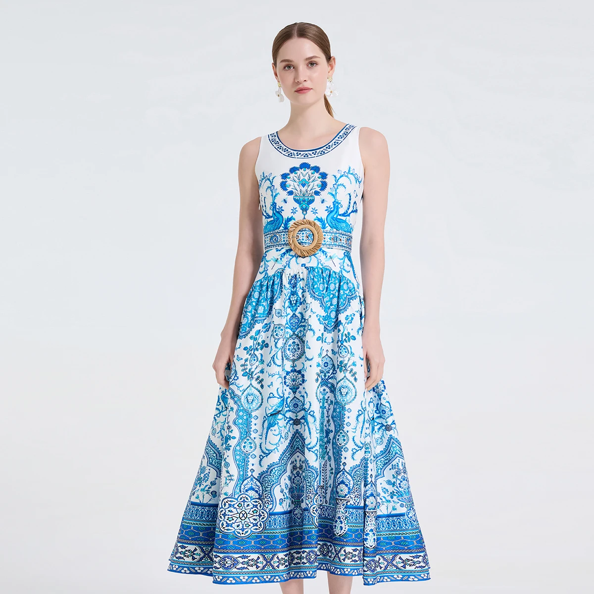 Summer Gorgeous Flower Runway Sleeveless O-Neck A-Line Dress Women Holiday Flower Printing Belt Party Beach Vestidos
Summer Gorgeous Flower Runway Sleeveless O-Neck A-Line Dress Women Holiday Flower Printing Belt Party Beach Vestidos