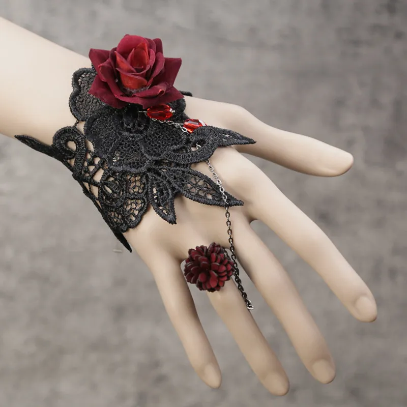 Handmade Gothic Rose Bracelet Ring Set, Victorian Black Lace Wrist Cuff with Rhinestone, Gothic Lolita Jewelry for Tea Party
Handmade Gothic Rose Bracelet Ring Set, Victorian Black Lace Wrist Cuff with Rhinestone, Gothic Lolita Jewelry for Tea Party