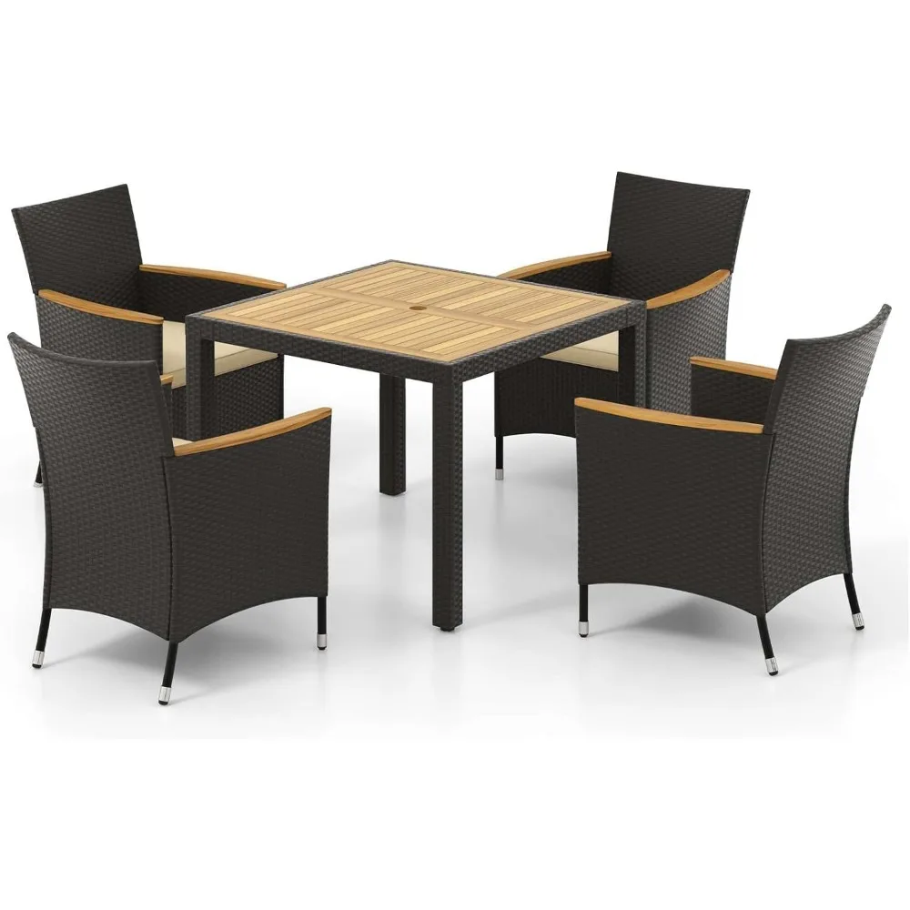 5-piece rattan terrace dining set, wicker table with acacia wood countertop and 4 chairs, including seat cushions
5-piece rattan terrace dining set, wicker table with acacia wood countertop and 4 chairs, including seat cushions