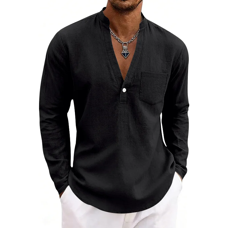 Spring and Autumn Loose Linen Men's Casual Breathable Large V-Neck Outdoor Henry Stand-Up Collar Long Sleeve Shirt
Spring and Autumn Loose Linen Men's Casual Breathable Large V-Neck Outdoor Henry Stand-Up Collar Long Sleeve Shirt