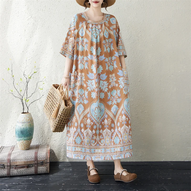 Bohemian Style Long Printed Bamboo Cotton Straight Tube Square Collar Large Size Dress Summer New Arrival Women's Clothing
Bohemian Style Long Printed Bamboo Cotton Straight Tube Square Collar Large Size Dress Summer New Arrival Women's Clothing