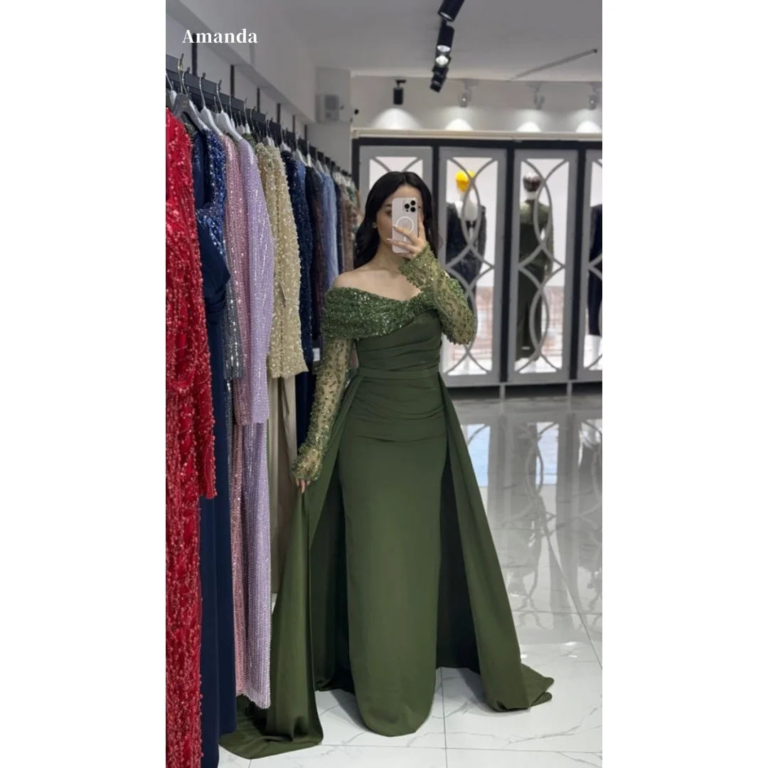 Amanda Customized Sage Green Off Shoulder Prom Dress with Beaded Embellished Long Sleeves Draped Ruched Bodice and Oversized
Amanda Customized Sage Green Off Shoulder Prom Dress with Beaded Embellished Long Sleeves Draped Ruched Bodice and Oversized