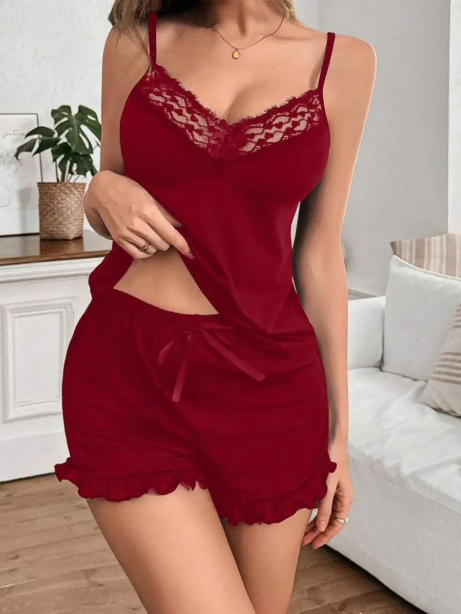 Red Lace Trim Milk Silk Camisole And Shorts Sleepwear Set For Women
Red Lace Trim Milk Silk Camisole And Shorts Sleepwear Set For Women