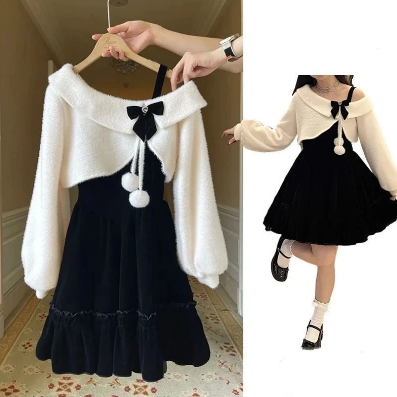 Женский осенне-зимний короткий свитер в консервативном стиле, черное бархатное платье на бретельках, комплект из двух предметов, женские вечерние вязаные топы, платья, костюмы
Женский осенне-зимний короткий свитер в консервативном стиле, черное бархатное платье на бретельках, комплект из двух предметов, женские вечерние вязаные топы, платья, костюмы