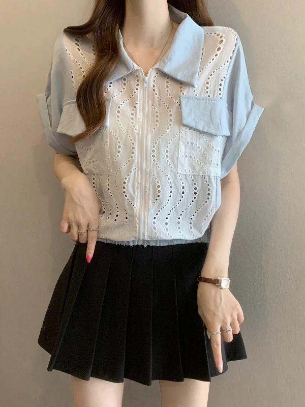 Slimming Light Blue Hollow out Short Sleeve Women's Shirt Korean Style Commute Fashion plus Size Summer New Arrival Top
Slimming Light Blue Hollow out Short Sleeve Women's Shirt Korean Style Commute Fashion plus Size Summer New Arrival Top