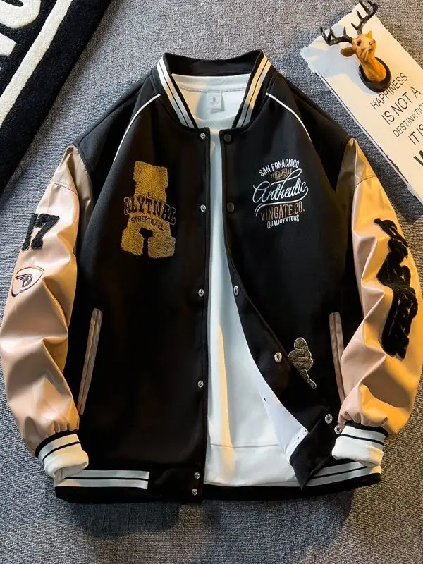 Colorblock Embroidered Leather Sleeve Jacket, Korean Varsity Baseball Jacket, Casual Bomber Jacket, Loose Fit Outerwear For Men
Colorblock Embroidered Leather Sleeve Jacket, Korean Varsity Baseball Jacket, Casual Bomber Jacket, Loose Fit Outerwear For Men