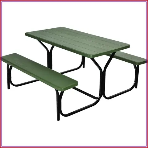 Outdoor Picnic Table Bench Set with Metal Base for Yard Patio Lawn Garden Pool Party Dining