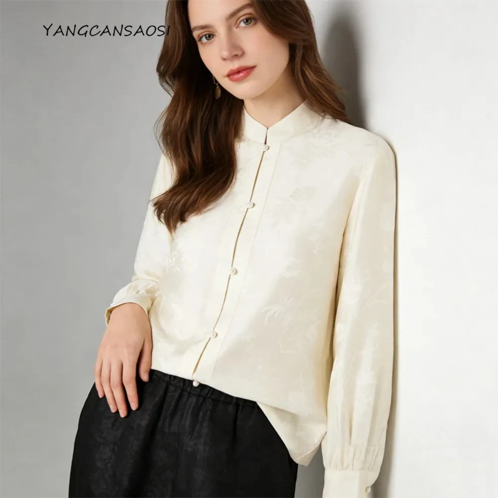 100% Natural Mulberry Silk HuaLuo Top,Women's Fashion Beige Jacquard Stand Up Collar Single Breasted Shirt, 2026 Spring Clothing
100% Natural Mulberry Silk HuaLuo Top,Women's Fashion Beige Jacquard Stand Up Collar Single Breasted Shirt, 2026 Spring Clothing