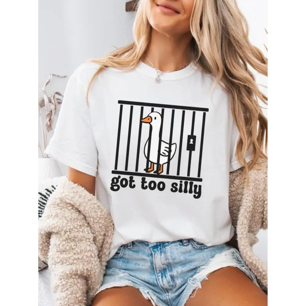 Women's Cute Graphic Tee, Adorable Duck - in - Cage "Got Too Silly" Print, Loose Casual Daily Top, Trendy Funny Fashion
Women's Cute Graphic Tee, Adorable Duck - in - Cage "Got Too Silly" Print, Loose Casual Daily Top, Trendy Funny Fashion
