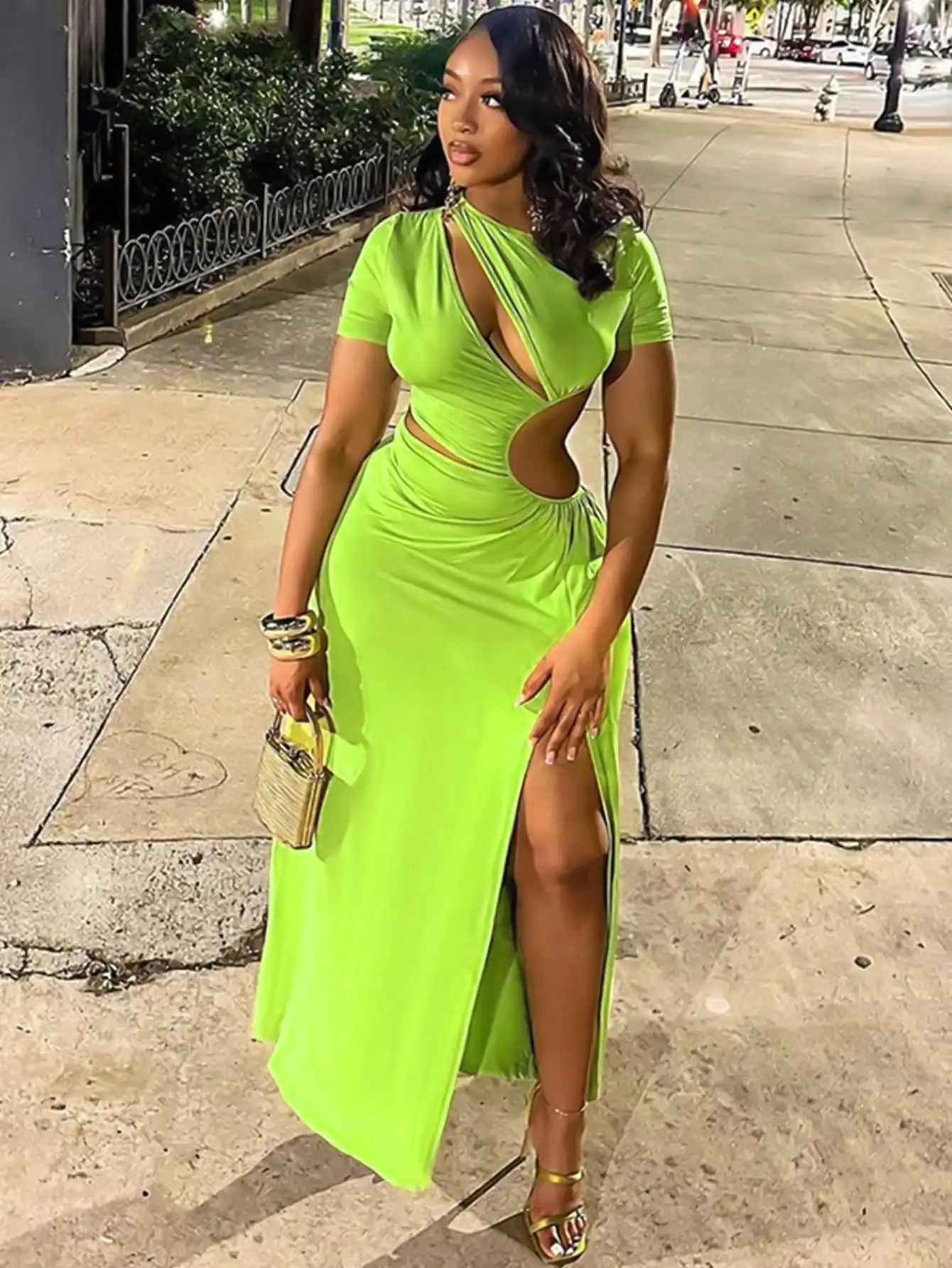 Mint Green Cut-Out Maxi Dress With Asymmetrical Neckline, Side Slit, And Ruched Waist For Party Or Club
Mint Green Cut-Out Maxi Dress With Asymmetrical Neckline, Side Slit, And Ruched Waist For Party Or Club
