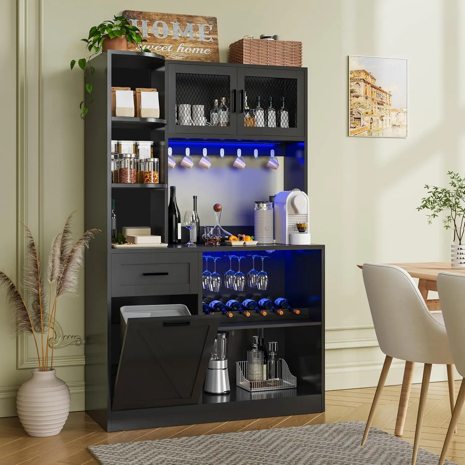 67in Black Kitchen Pantry Cabinet Drawer Shelves Tilt Trash Coffee Bar LED Power Wine Rack Mesh Doors, Customized
67in Black Kitchen Pantry Cabinet Drawer Shelves Tilt Trash Coffee Bar LED Power Wine Rack Mesh Doors, Customized