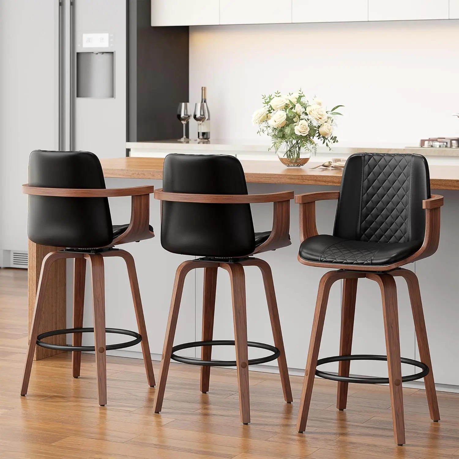 Swivel Bar Stools Set of 3, 26" Counter Height Barstools with Wood Legs and Backs, Upholstered PU Leather Bentwood, Customized
Swivel Bar Stools Set of 3, 26" Counter Height Barstools with Wood Legs and Backs, Upholstered PU Leather Bentwood, Customized