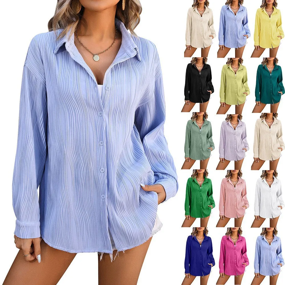Women Blouse Crinkle Wave Pattern Loose Fit Blouses Summer Women's Point Collar Shirt Front Jacquard Button Down Shirt Tops For
Women Blouse Crinkle Wave Pattern Loose Fit Blouses Summer Women's Point Collar Shirt Front Jacquard Button Down Shirt Tops For