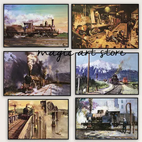 Retro Industrial Style Old Trains and Railway Castle on The Coast Art Poster Canvas Painting Wall Print Picture Room Home Decor