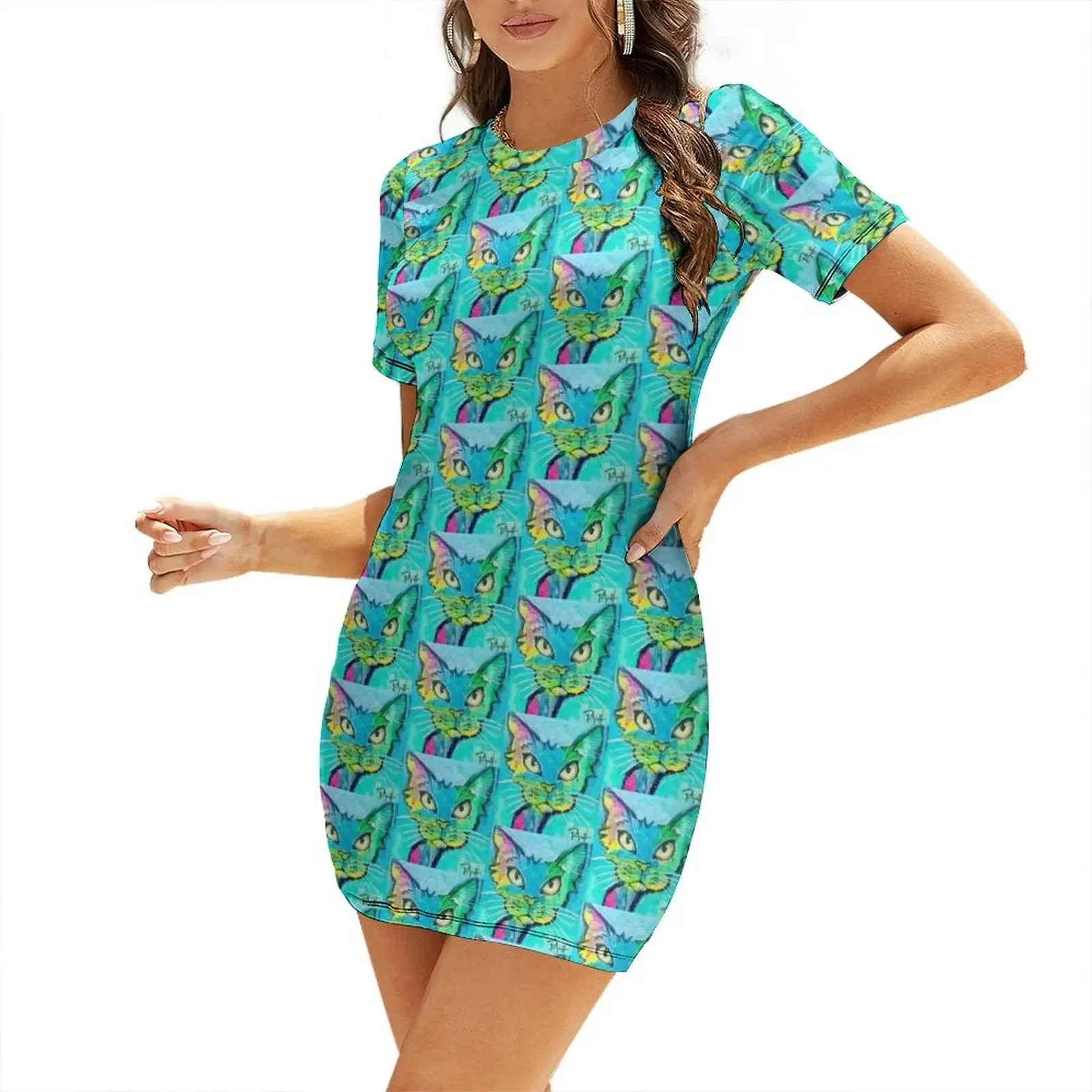 Neon cat Short-Sleeved Dress Woman clothing dress party evening elegant luxury celebrity summer dresses Dress
Neon cat Short-Sleeved Dress Woman clothing dress party evening elegant luxury celebrity summer dresses Dress
