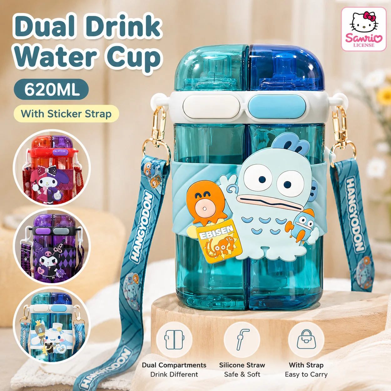 Sanrio Hangyodon Dual Drink Water Cup 620ML Cartoon Double Compartment Straw Cup Kawaii Student Water Bottle With Strap
Sanrio Hangyodon Dual Drink Water Cup 620ML Cartoon Double Compartment Straw Cup Kawaii Student Water Bottle With Strap