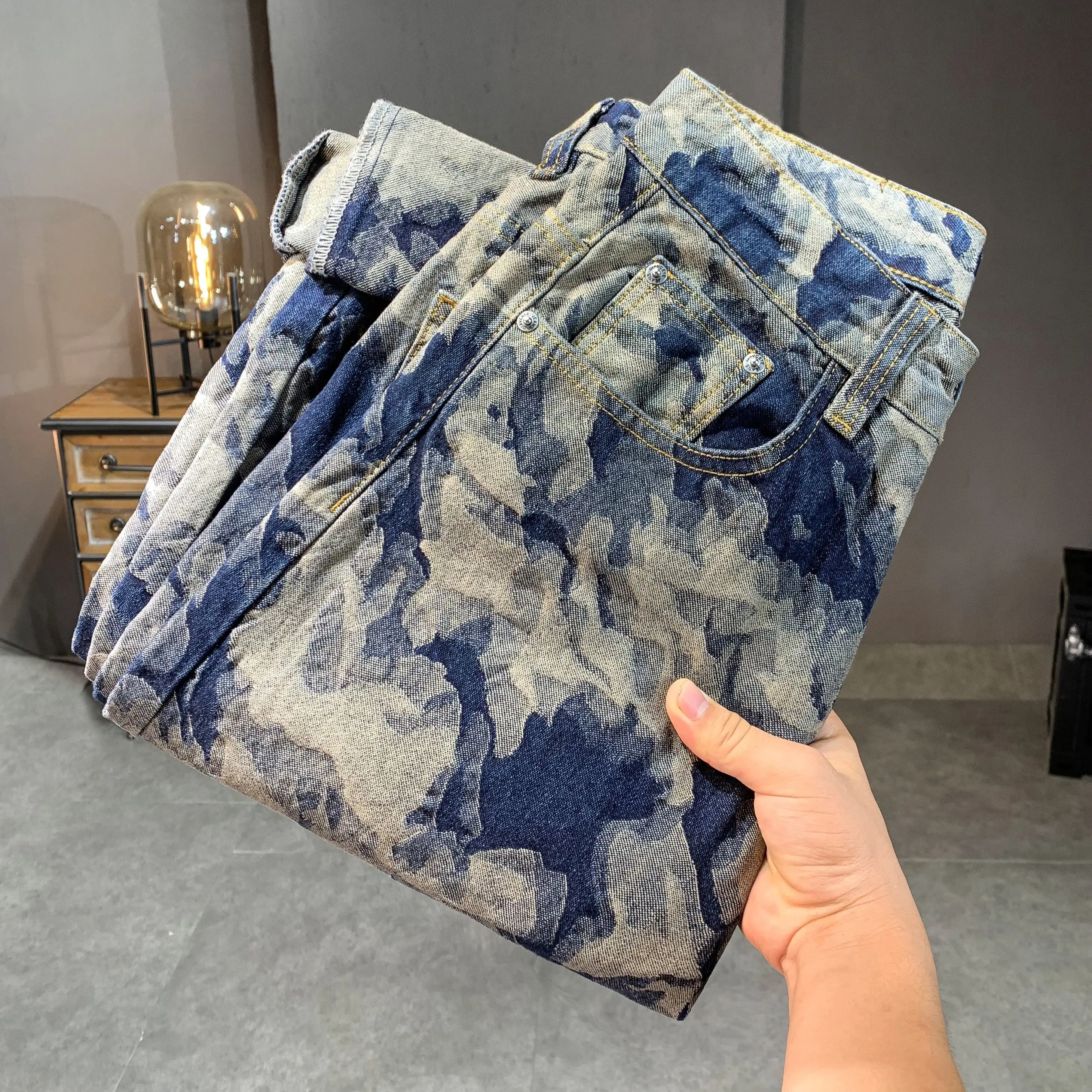 Mid Wasit Printed Blue Jeans Men Spring Wide Leg Loosen Pants Man's Smart Clothing
Mid Wasit Printed Blue Jeans Men Spring Wide Leg Loosen Pants Man's Smart Clothing
