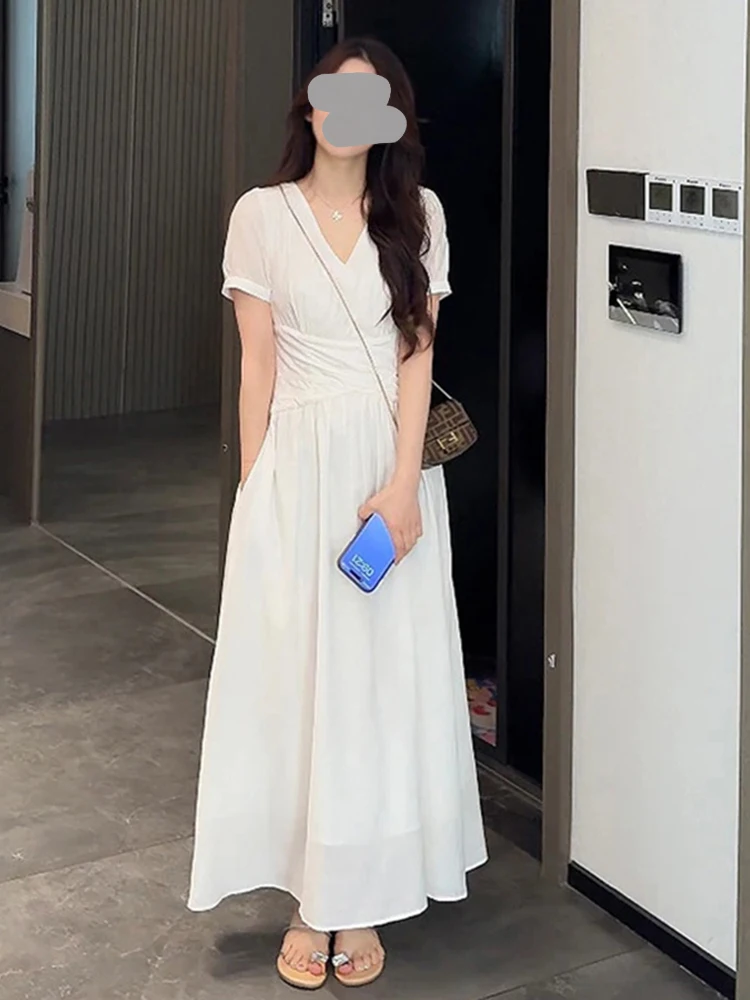 Elegant V-Neck Short Sleeve Women's Dress Slimming Long Skirt High Waist A-Line Summer New Style Gentle Wind Korean Version
Elegant V-Neck Short Sleeve Women's Dress Slimming Long Skirt High Waist A-Line Summer New Style Gentle Wind Korean Version
