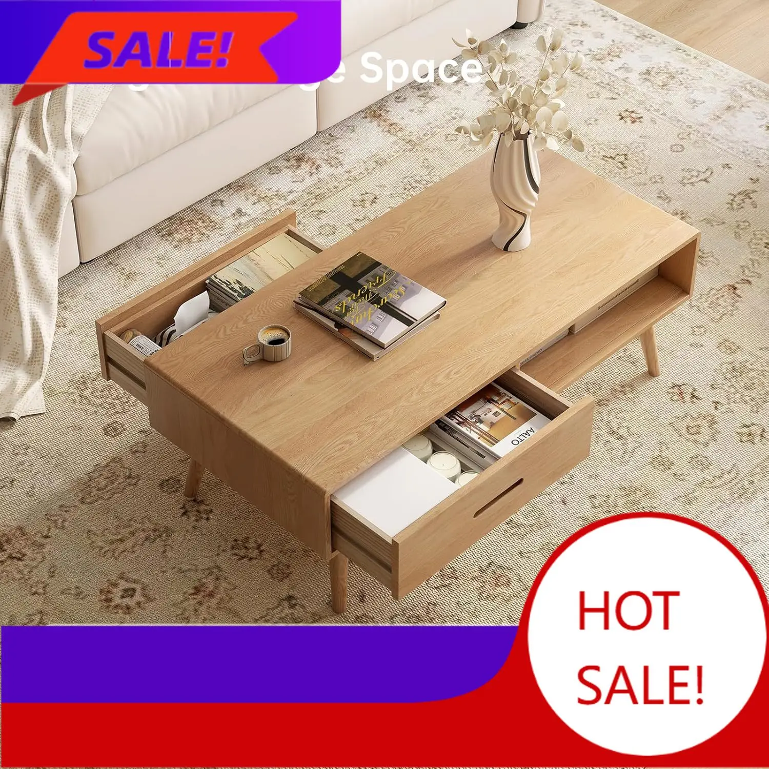 100% Solid Wood Coffee Table for Living Room, 39.37'' W Mid-Century Modern Coffee Table with Storage Shelf and 2 Drawers, Oak Co
100% Solid Wood Coffee Table for Living Room, 39.37'' W Mid-Century Modern Coffee Table with Storage Shelf and 2 Drawers, Oak Co