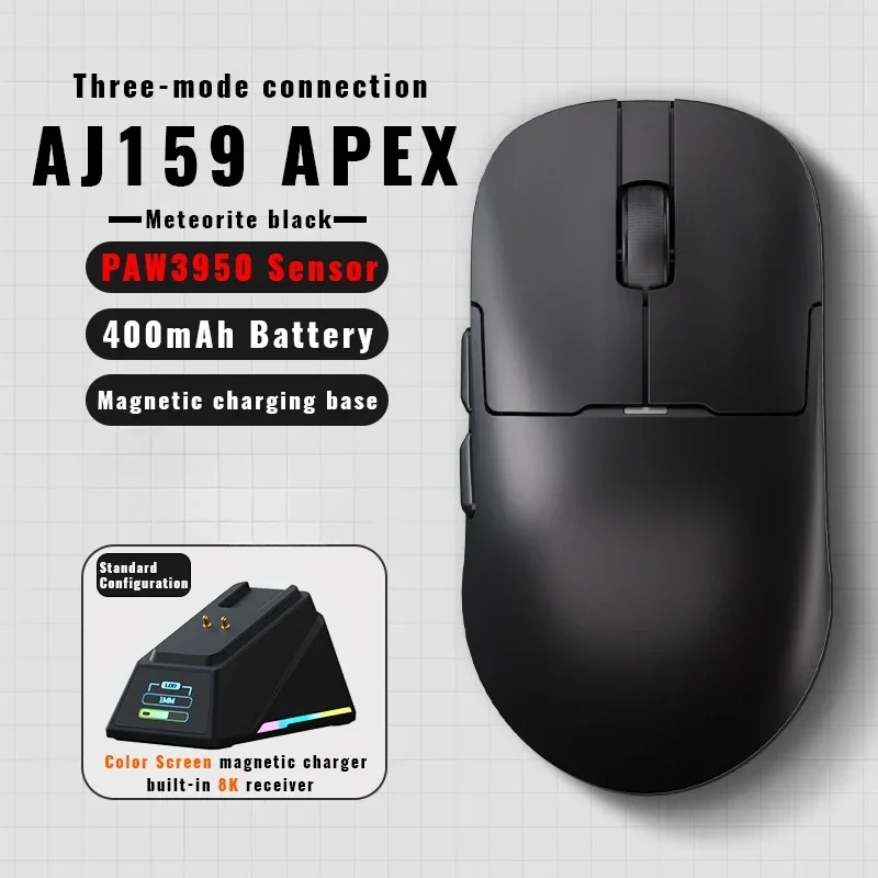 AJ159 APEX Wireless Mouse PAW3950 Sensor 2.4G/BT/USB-C Optical Gaming Mouse 56g Lightweight With 8K Magnetic Charging Base
AJ159 APEX Wireless Mouse PAW3950 Sensor 2.4G/BT/USB-C Optical Gaming Mouse 56g Lightweight With 8K Magnetic Charging Base
