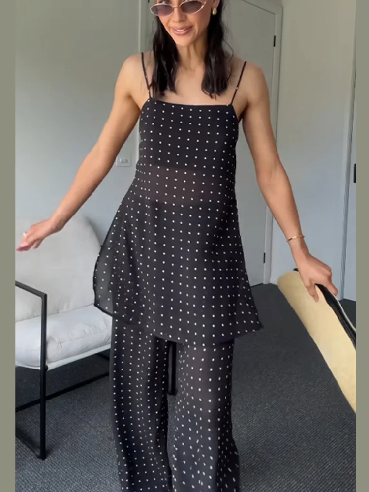 Elegant Polka Dot Pant Suit for Women Transparent Spaghetti Strap Top High Waist Wide Leg Pants 2-Piece Set Chic Lady's Outfits
Elegant Polka Dot Pant Suit for Women Transparent Spaghetti Strap Top High Waist Wide Leg Pants 2-Piece Set Chic Lady's Outfits