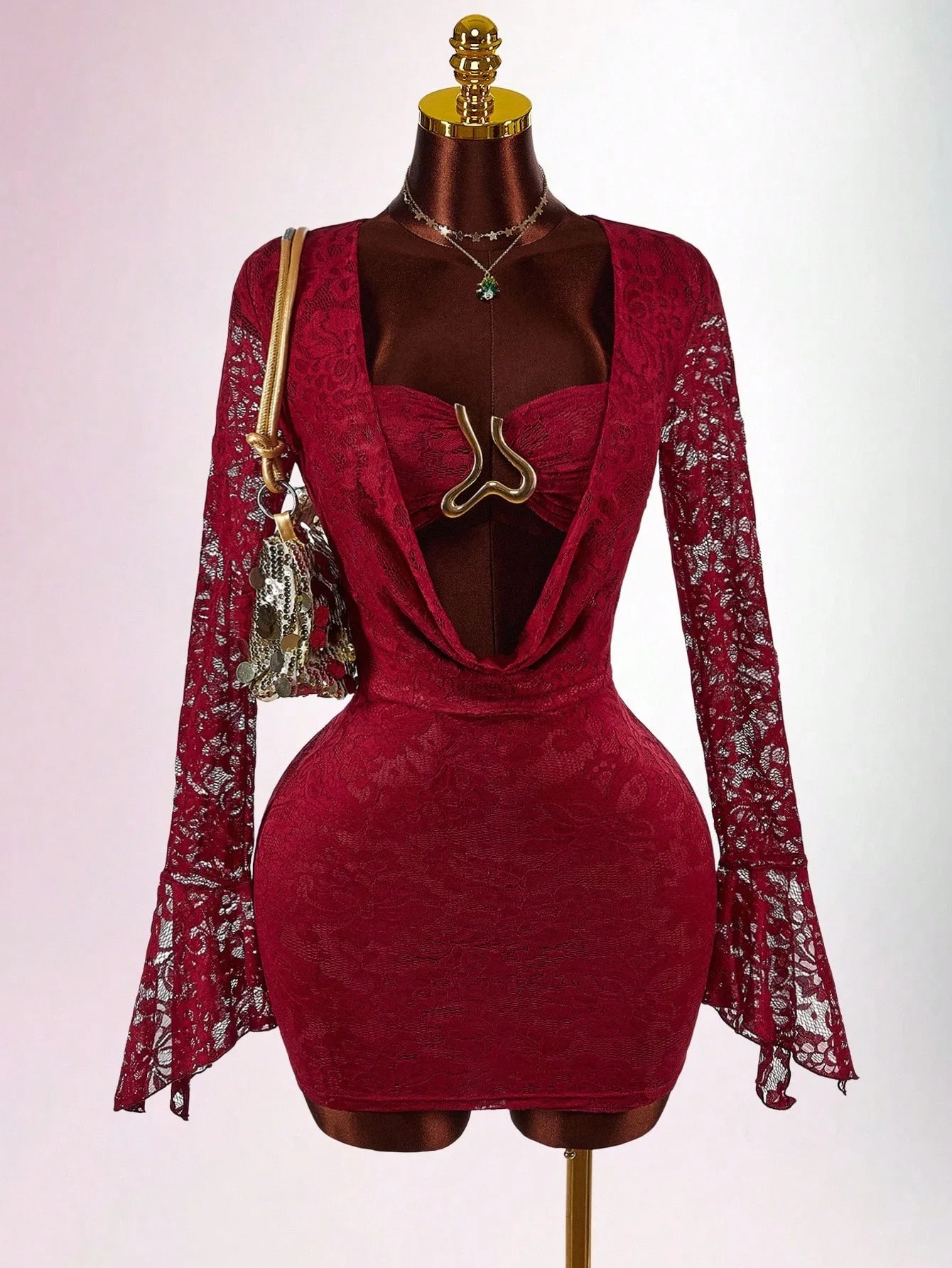 Sexy Burgundy Lace Bodycon Mini Dress Sheer Flare Sleeve Deep V Neck with Metal Accent, Perfect for Club Party Night
Sexy Burgundy Lace Bodycon Mini Dress Sheer Flare Sleeve Deep V Neck with Metal Accent, Perfect for Club Party Night