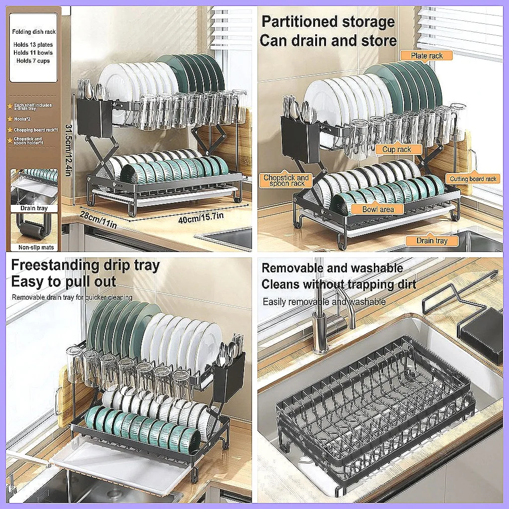 Foldable 2-Tier Dish Drainer Rack, Multifunctional Kitchen Countertop Storage for Bowls Cups Cutlery
Foldable 2-Tier Dish Drainer Rack, Multifunctional Kitchen Countertop Storage for Bowls Cups Cutlery
