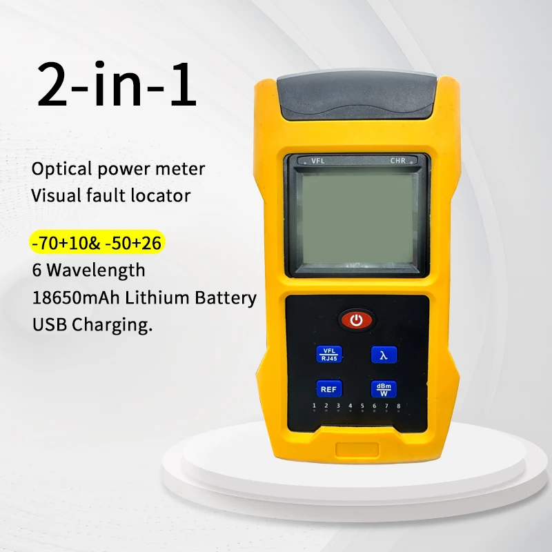 2in1 Optical Power Meter TL563 With -70+10& -50+26 USB Charging 18650mAh Lithium Battery 6 Wavelength VFL Visual fault locator
2in1 Optical Power Meter TL563 With -70+10& -50+26 USB Charging 18650mAh Lithium Battery 6 Wavelength VFL Visual fault locator