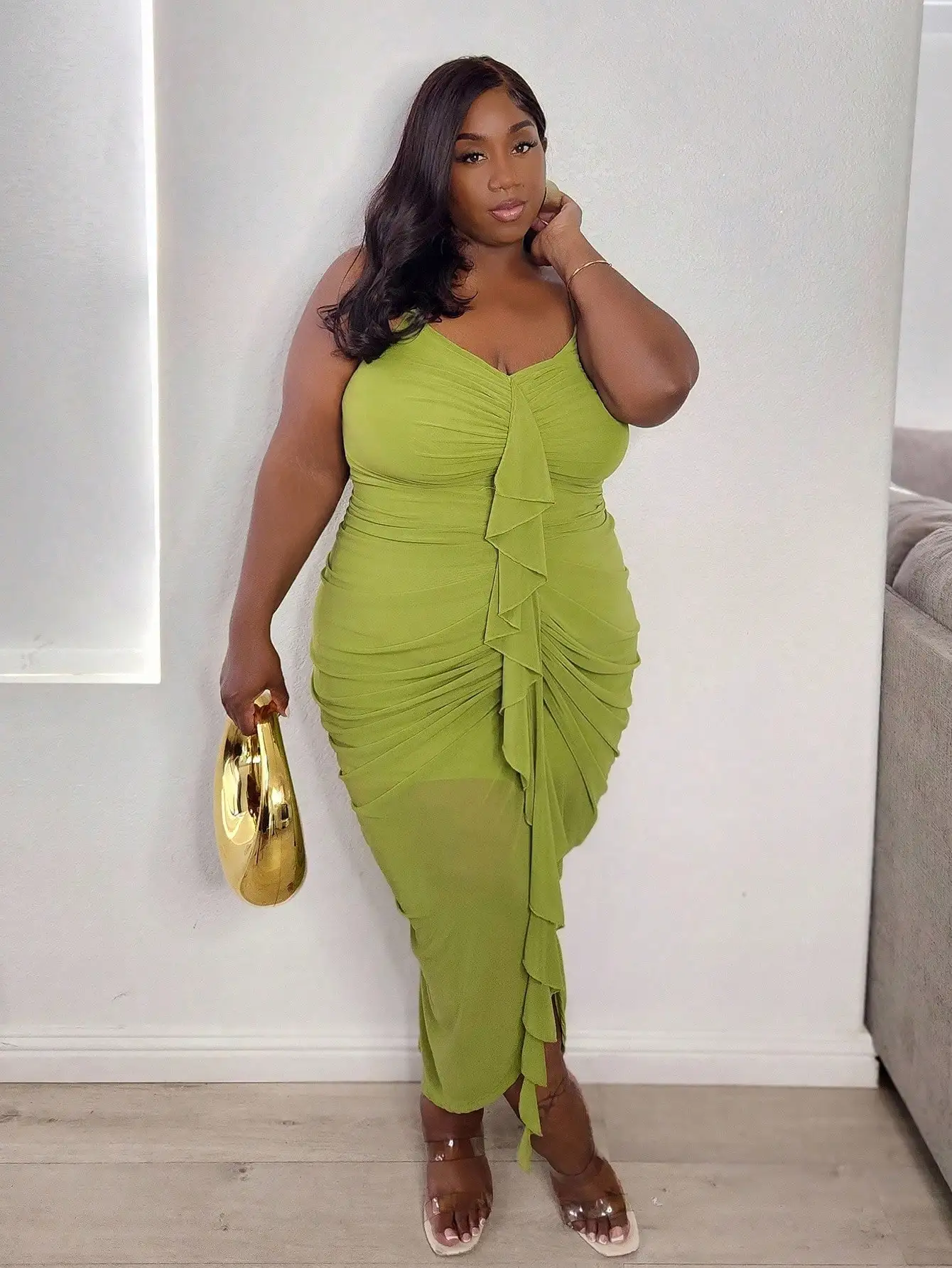 Plus Size Bodycon Dress With Ruched And Ruffle Details, Long Length For Pear Triangle Body Shape
Plus Size Bodycon Dress With Ruched And Ruffle Details, Long Length For Pear Triangle Body Shape