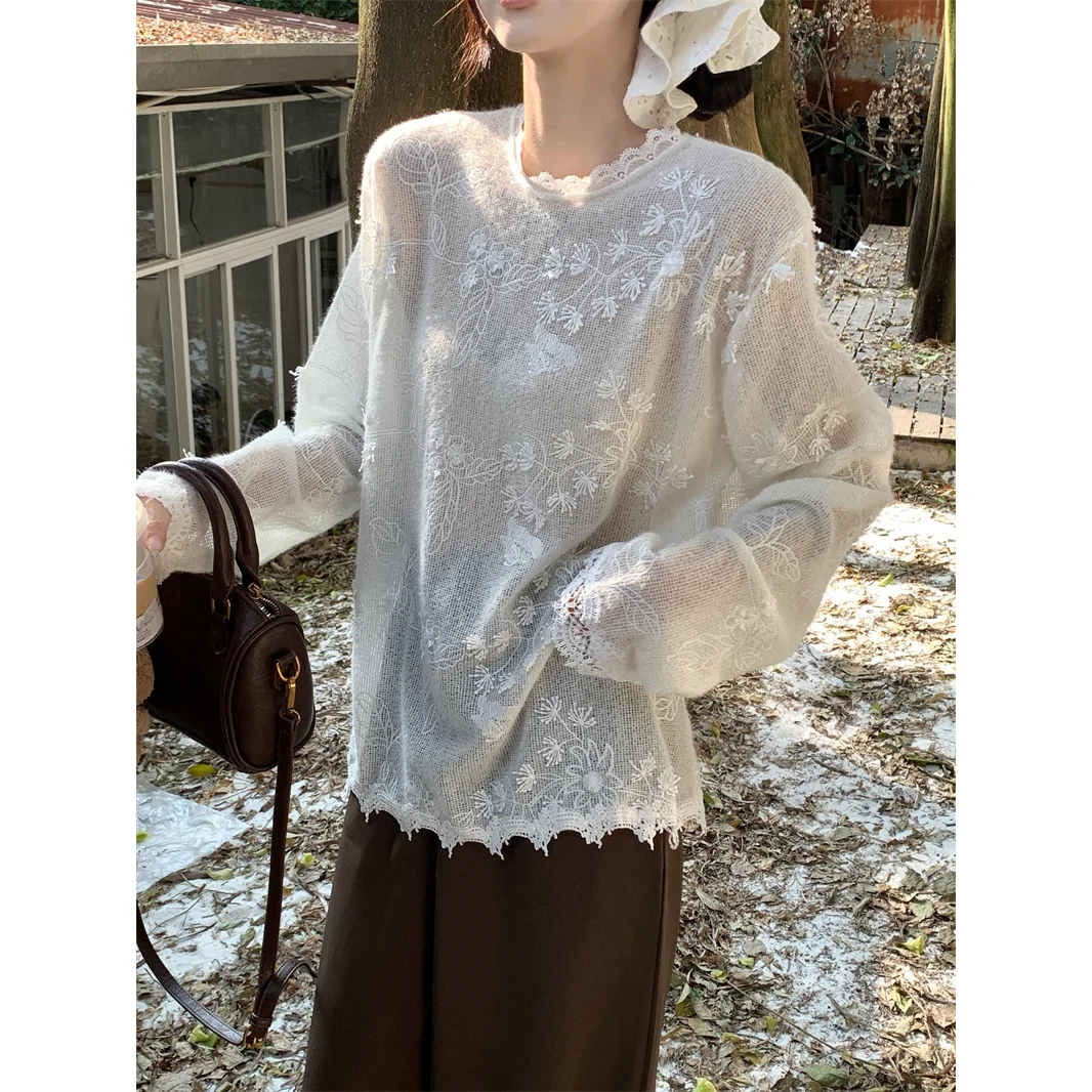 Korejpaa French Style Thin Pull Femme Gentle Lace Crochet Long Sleeved Knitted Sweater Women Autumn New Pullover White Top
Korejpaa French Style Thin Pull Femme Gentle Lace Crochet Long Sleeved Knitted Sweater Women Autumn New Pullover White Top
