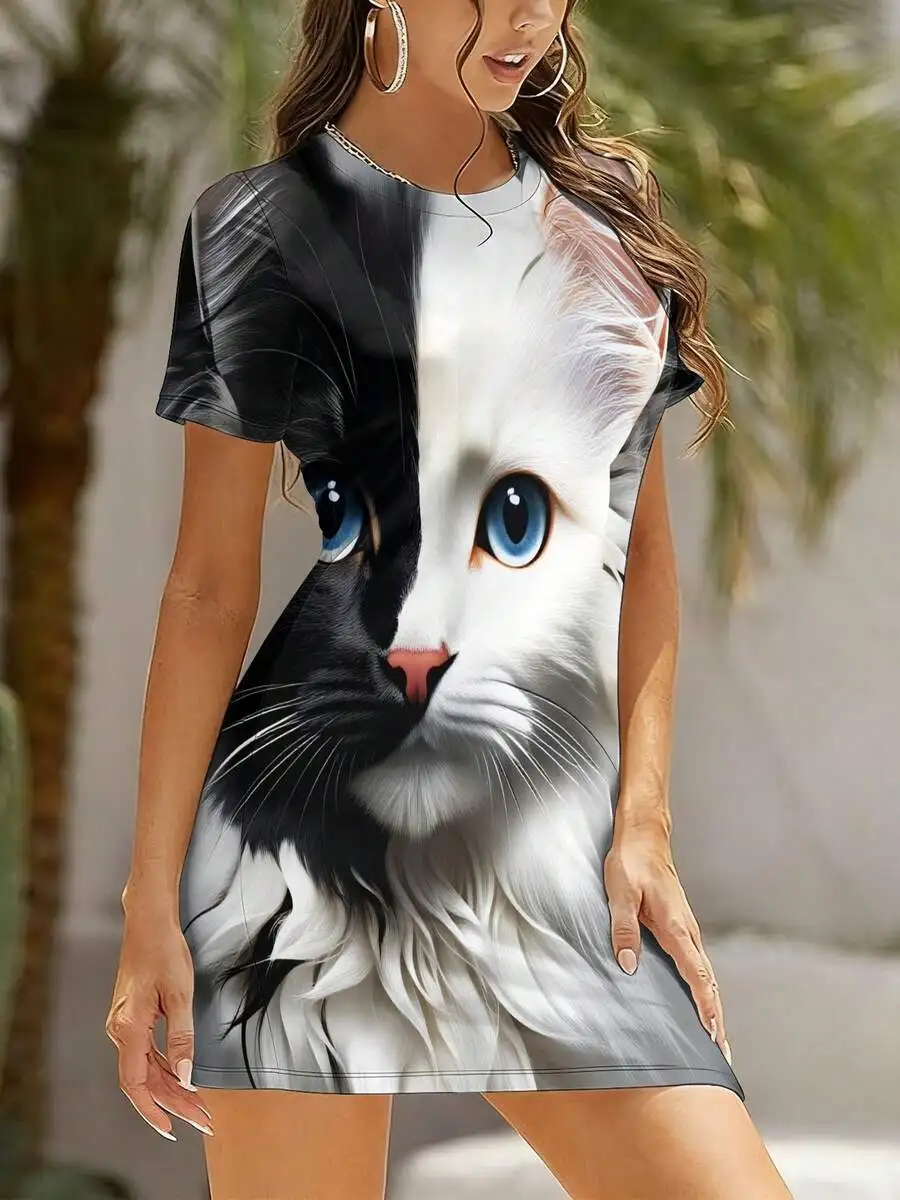 Womens Short Sleeve Bodycon Mini Dress With Black White Cat Print And Blue Eyes Crew Neck Summer Casual Dress
Womens Short Sleeve Bodycon Mini Dress With Black White Cat Print And Blue Eyes Crew Neck Summer Casual Dress