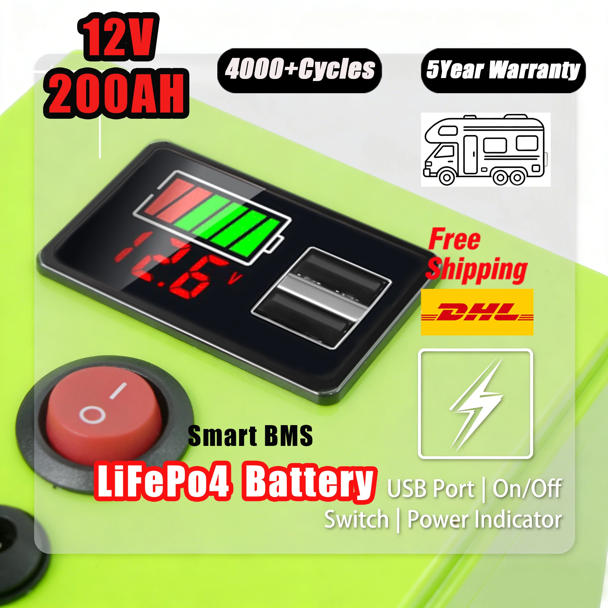 Совершенно новый аккумулятор LiFePO4 глубокого цикла 12 В, 200 Ач, перезаряжаемый встроенный BMS для солнечной энергии, скутеров, эхолота, лодок
Совершенно новый аккумулятор LiFePO4 глубокого цикла 12 В, 200 Ач, перезаряжаемый встроенный BMS для солнечной энергии, скутеров, эхолота, лодок