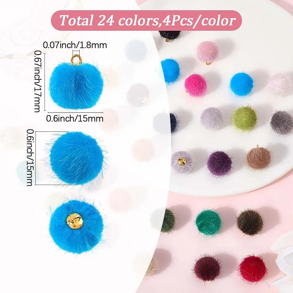 96Pcs 24 Colors Plastic Pendants Round Fur Ball Charms with Polyester Golden Peg Bails Mixed Color 16.5~17x15mm
96Pcs 24 Colors Plastic Pendants Round Fur Ball Charms with Polyester Golden Peg Bails Mixed Color 16.5~17x15mm
