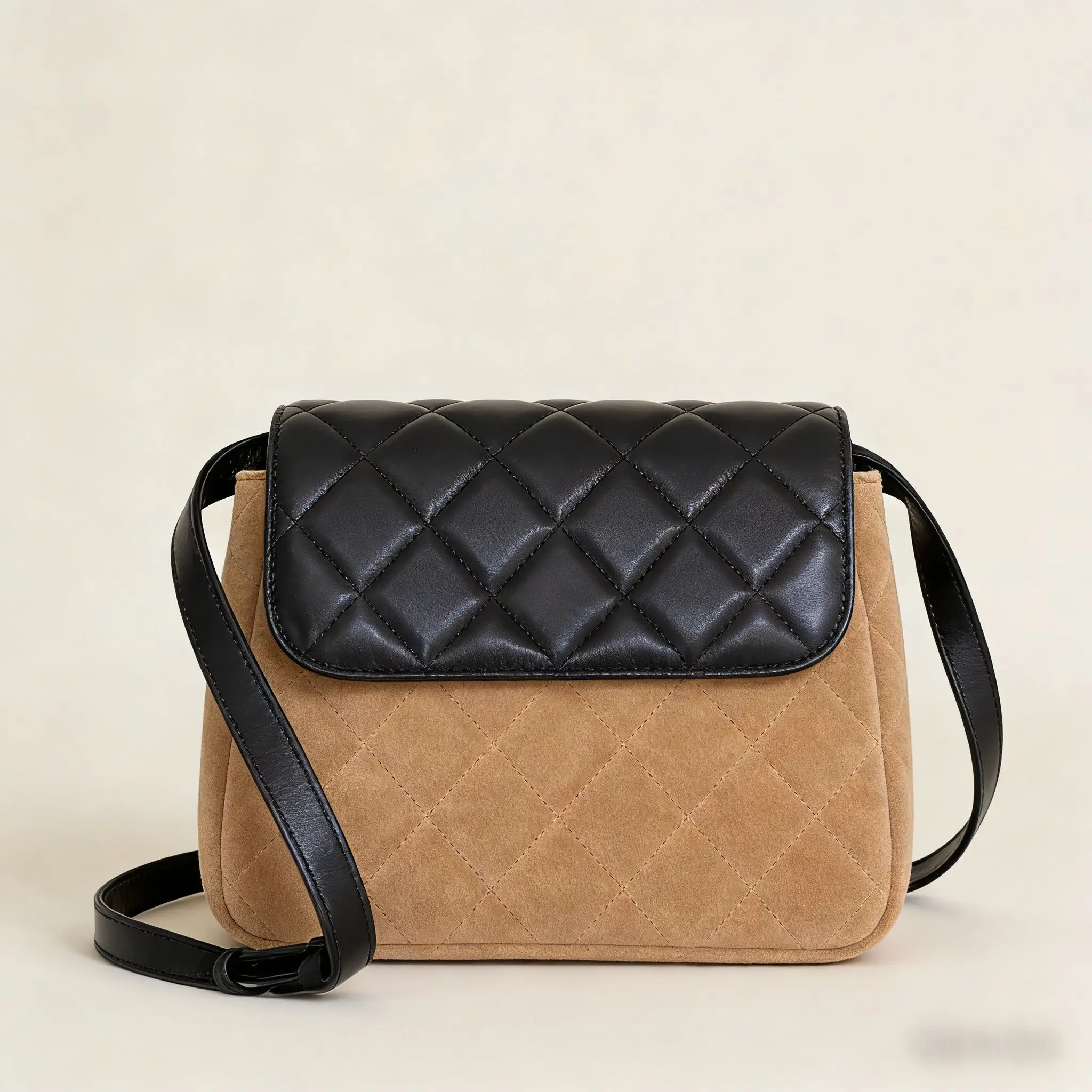 Two-Tone Beige & Black Quilted Crossbody Bag, Suede & Leather Flap Purse, Luxury Designer Inspired Women's Handbag Design Bag.
Two-Tone Beige & Black Quilted Crossbody Bag, Suede & Leather Flap Purse, Luxury Designer Inspired Women's Handbag Design Bag.