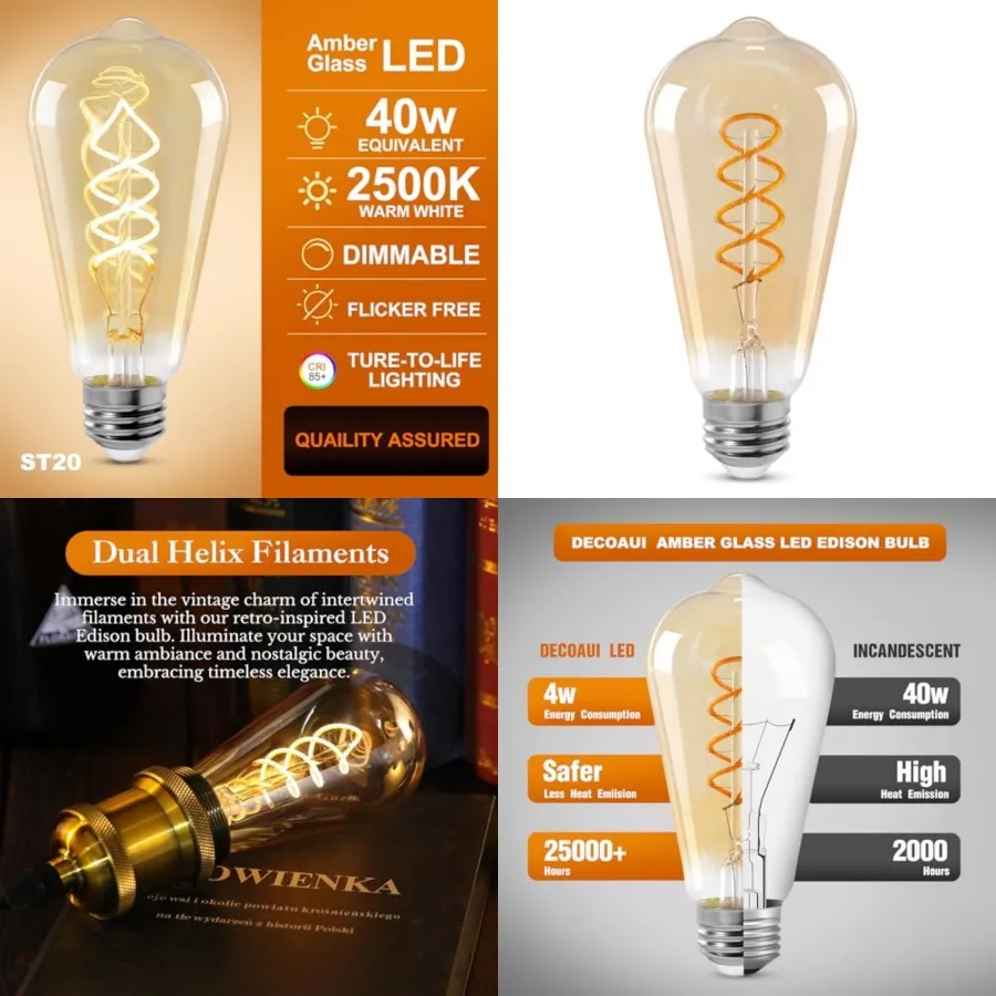 ST64 LED E26 Vintage Edison Light Bulbs, Light Amber Glass, Dimmable, 4W 40W Equivalent 300 Lumens, 2500K Warm White, Spiral Fi
ST64 LED E26 Vintage Edison Light Bulbs, Light Amber Glass, Dimmable, 4W 40W Equivalent 300 Lumens, 2500K Warm White, Spiral Fi