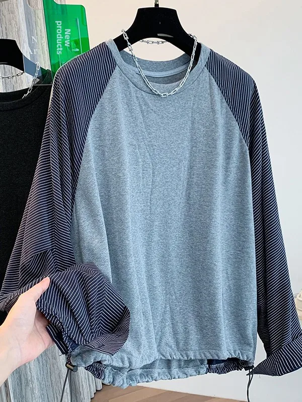 Korean Japanese T-Shirt Top Women's Large Size Design Sense Drawstring Sweatshirt Striped Patchwork Bottom Hem Casual Wear
Korean Japanese T-Shirt Top Women's Large Size Design Sense Drawstring Sweatshirt Striped Patchwork Bottom Hem Casual Wear