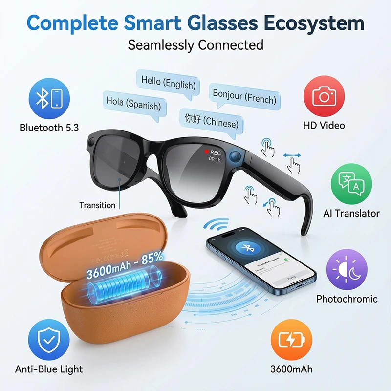 AI Smart Glasses With Camera Photo 2026 Wireless Bluetooth Call Voice Assistant Photochromic Sunglasses Charging Case Eyeglasses
AI Smart Glasses With Camera Photo 2026 Wireless Bluetooth Call Voice Assistant Photochromic Sunglasses Charging Case Eyeglasses