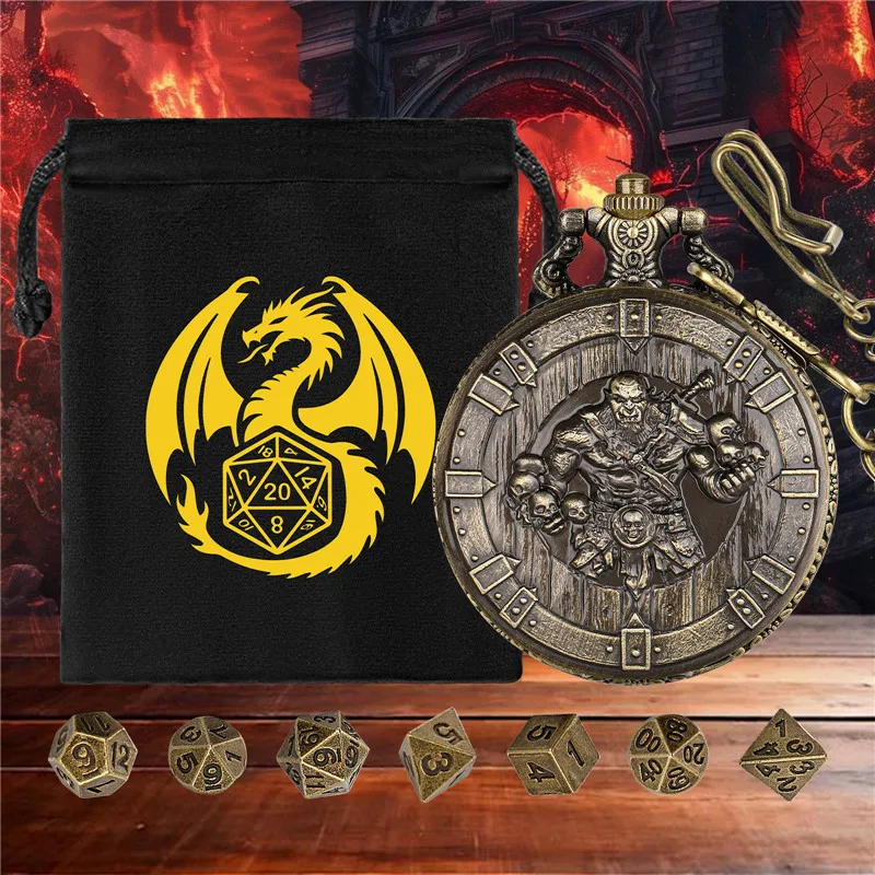 7pcs Tiny Metal Polyhedral Dice Set Antique Barbarian Pocket Watch Case FOB Chain Table Board Role Play Accessory with Gift Bag
7pcs Tiny Metal Polyhedral Dice Set Antique Barbarian Pocket Watch Case FOB Chain Table Board Role Play Accessory with Gift Bag