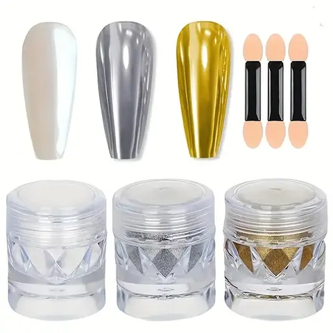 3-Piece Nail Glitter Powder Set, Aurora Mirror Effect Holographic Gold Silver Chrome Dust, DIY Nail Art Decoration