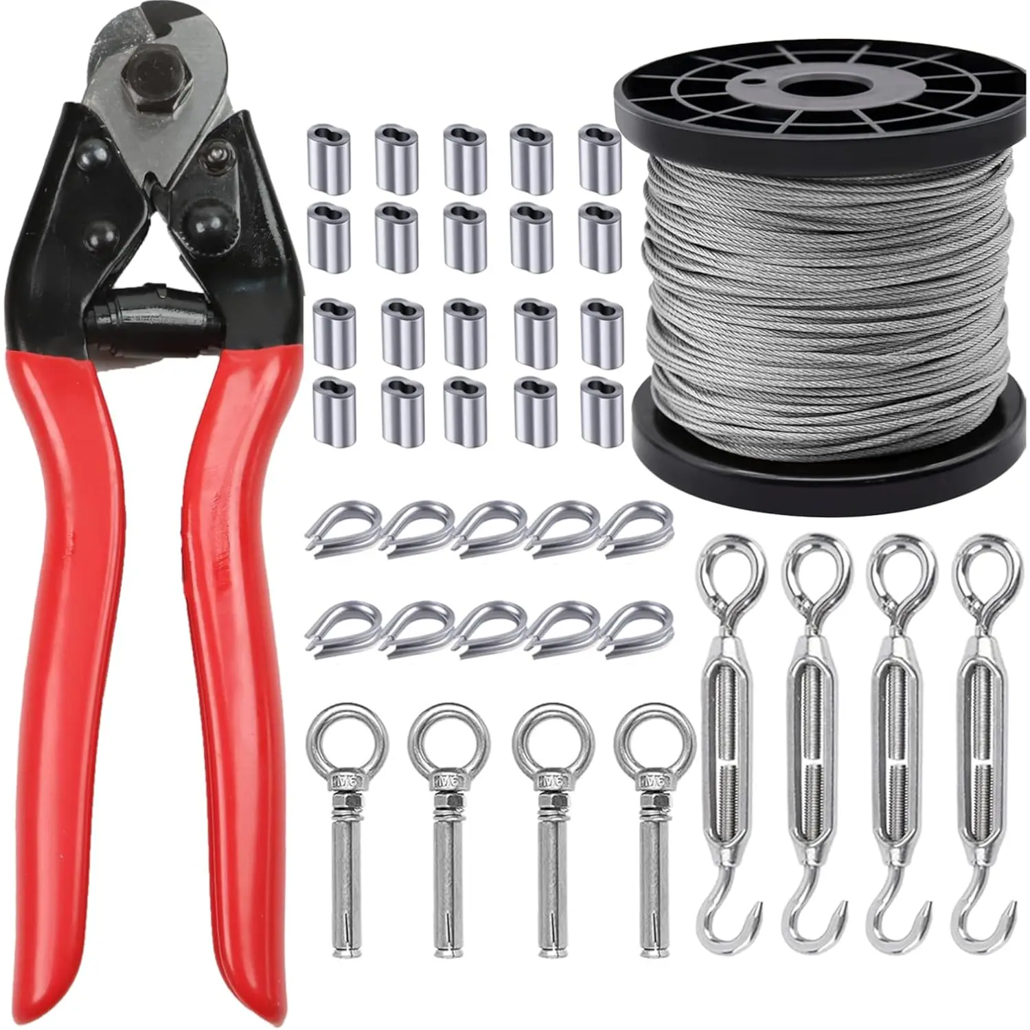 100 foot stainless steel cable, (5/64 inch compression molded to 1/8 inch) 7x7 strand rope kit cable cutter and stainless steel
100 foot stainless steel cable, (5/64 inch compression molded to 1/8 inch) 7x7 strand rope kit cable cutter and stainless steel