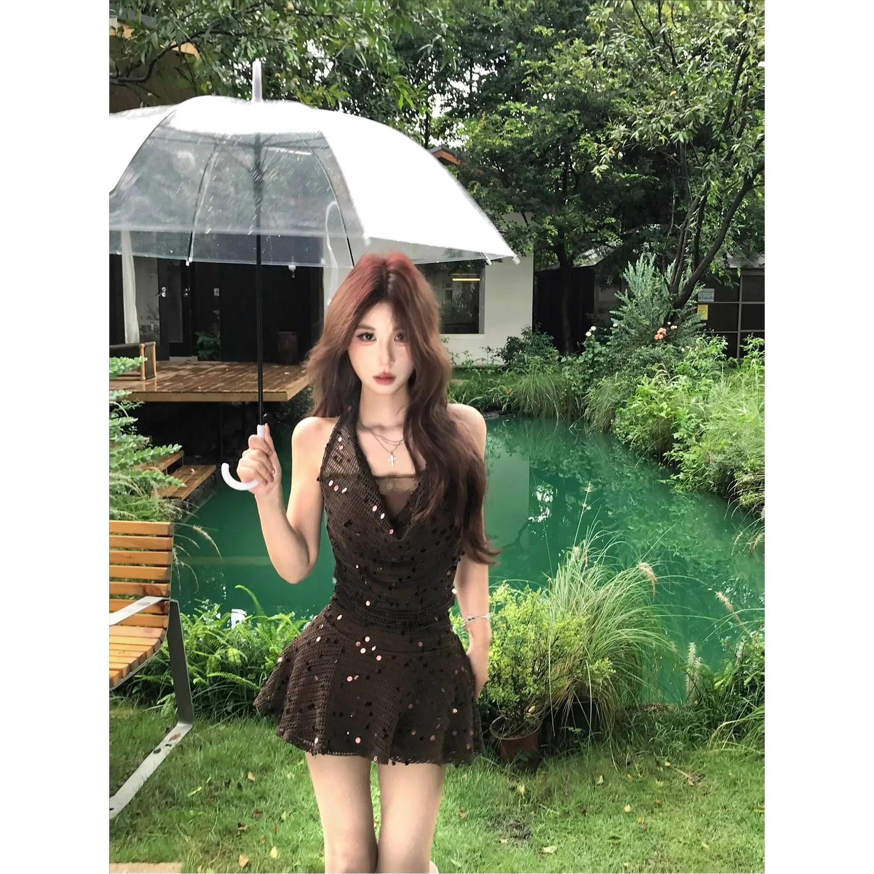 American Retro Gauze Sequins Fake Two-piece Neck Dress Women's Summer Waist Short Skirt
American Retro Gauze Sequins Fake Two-piece Neck Dress Women's Summer Waist Short Skirt