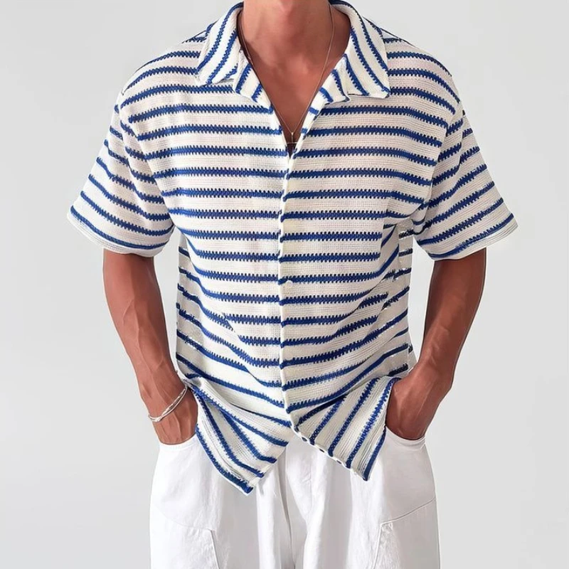 Male Azure Stripe Pattern Half Sleeve Shirt Warm Weather Seoul Inspired Thin Fabric Open Collar Fitting Drape Flow Comfort
Male Azure Stripe Pattern Half Sleeve Shirt Warm Weather Seoul Inspired Thin Fabric Open Collar Fitting Drape Flow Comfort