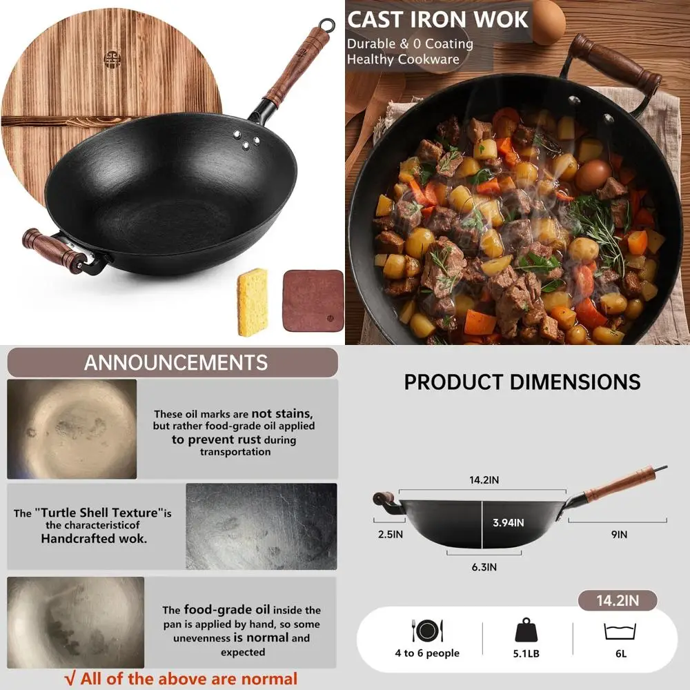 14.2 Inch Heavy-Duty Cast Iron Stir Fry Pan with Lid - Nonstick, Coating-Free Wok for Authentic Chinese Cooking
14.2 Inch Heavy-Duty Cast Iron Stir Fry Pan with Lid - Nonstick, Coating-Free Wok for Authentic Chinese Cooking