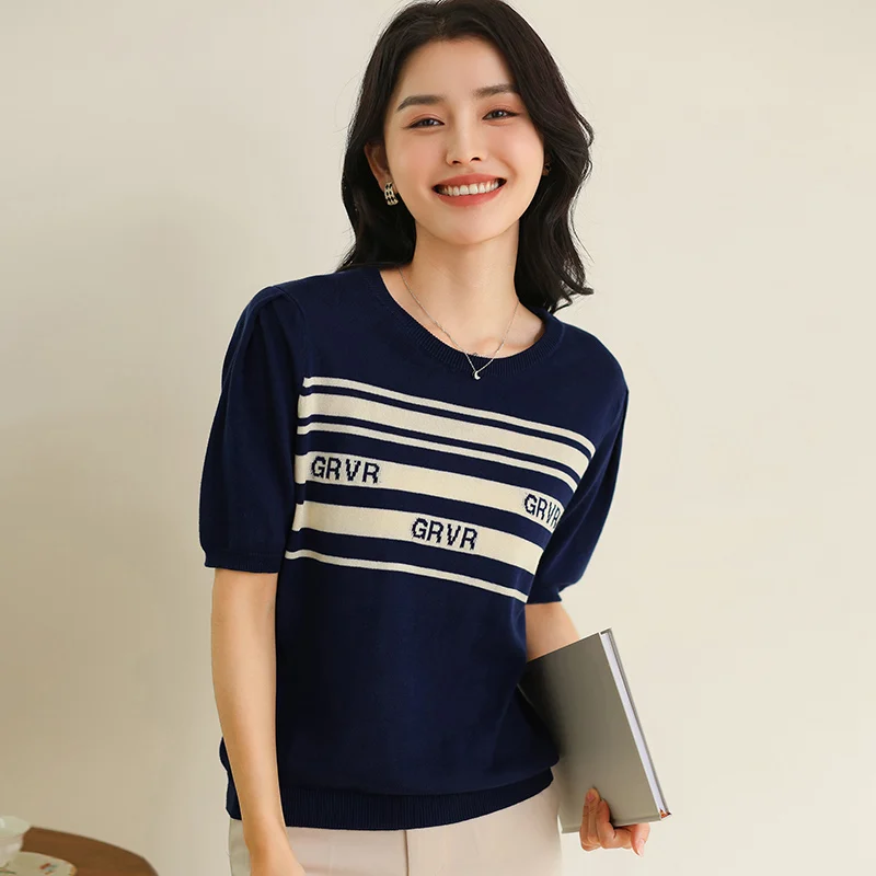 Summer 100% cotton women's T-shirt casual striped knitted pullover short sleeved loose round neck T-shirt fashionable letter top
Summer 100% cotton women's T-shirt casual striped knitted pullover short sleeved loose round neck T-shirt fashionable letter top