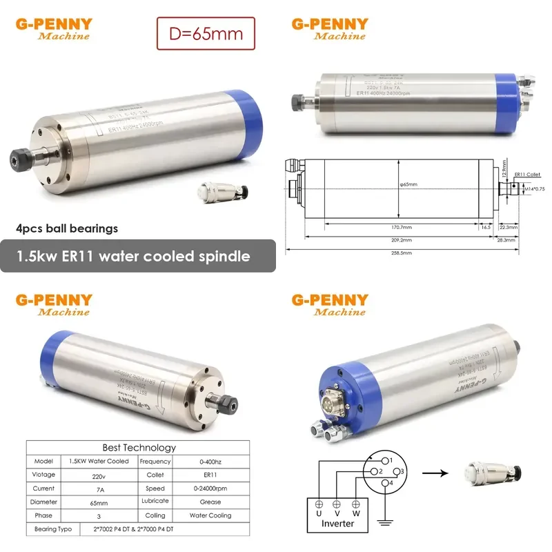 G-Penny 1.5KW ER11 Water Cooled Spindle Motor for CNC Router Diameter 65mm 400Hz Woodworking Spindle with 4 pcs Ball Bearings
G-Penny 1.5KW ER11 Water Cooled Spindle Motor for CNC Router Diameter 65mm 400Hz Woodworking Spindle with 4 pcs Ball Bearings